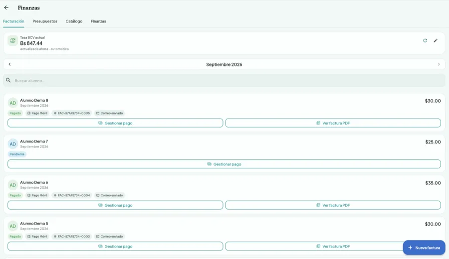 Panel de facturación de KREA Academy con pagos y facturas por alumno