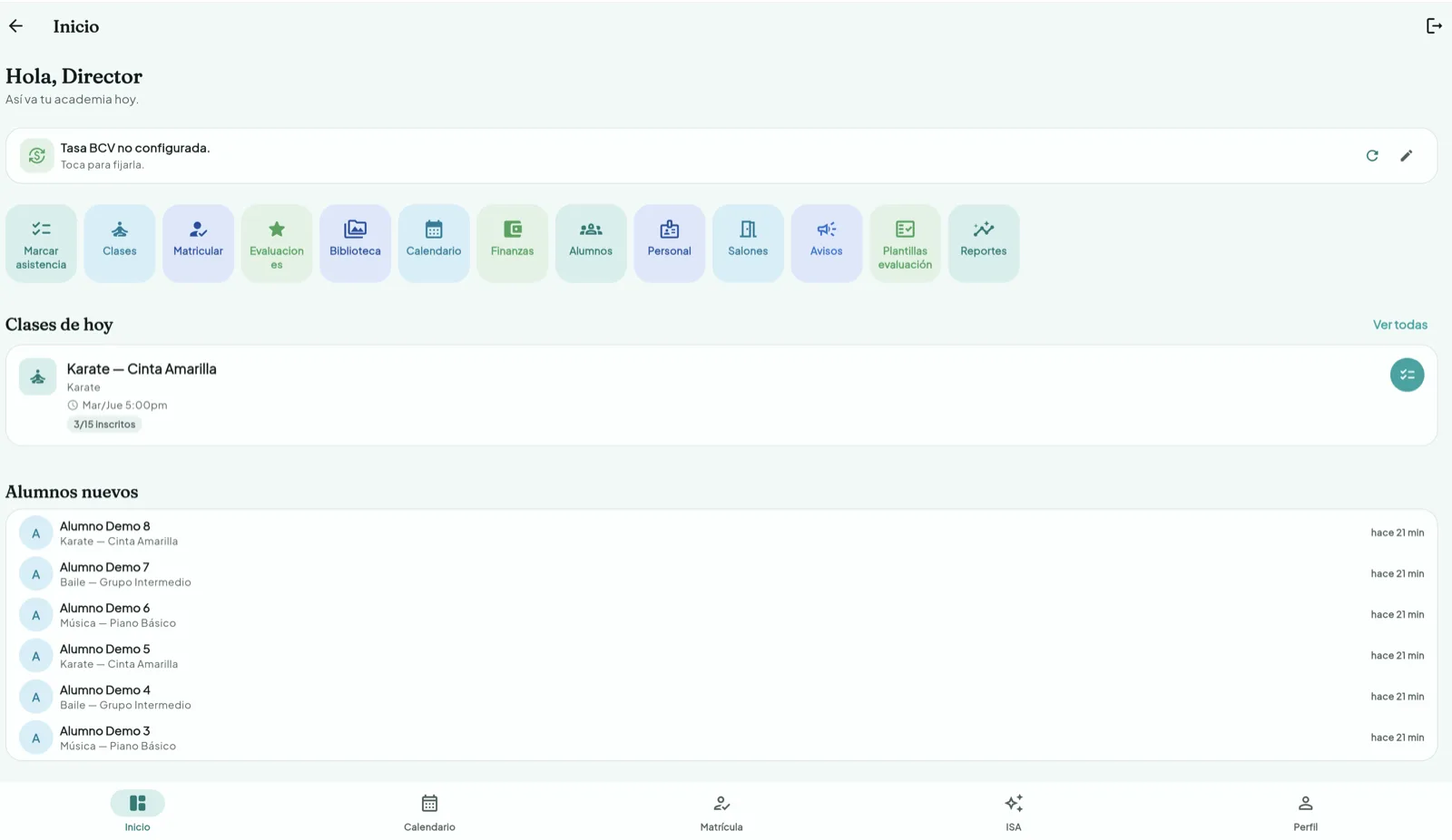 Dashboard de KREA Academy con clases del día y alumnos nuevos