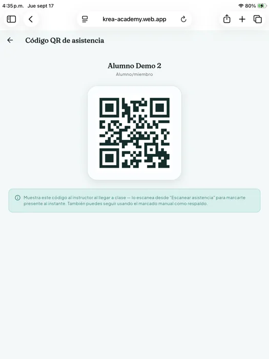 Código QR de asistencia de un alumno en KREA Academy